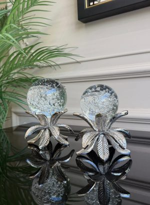 DÖKÜM GÜMÜŞ 2’Lİ PALMİYE YAPRAK DETAYLI KRİSTAL KÜRE